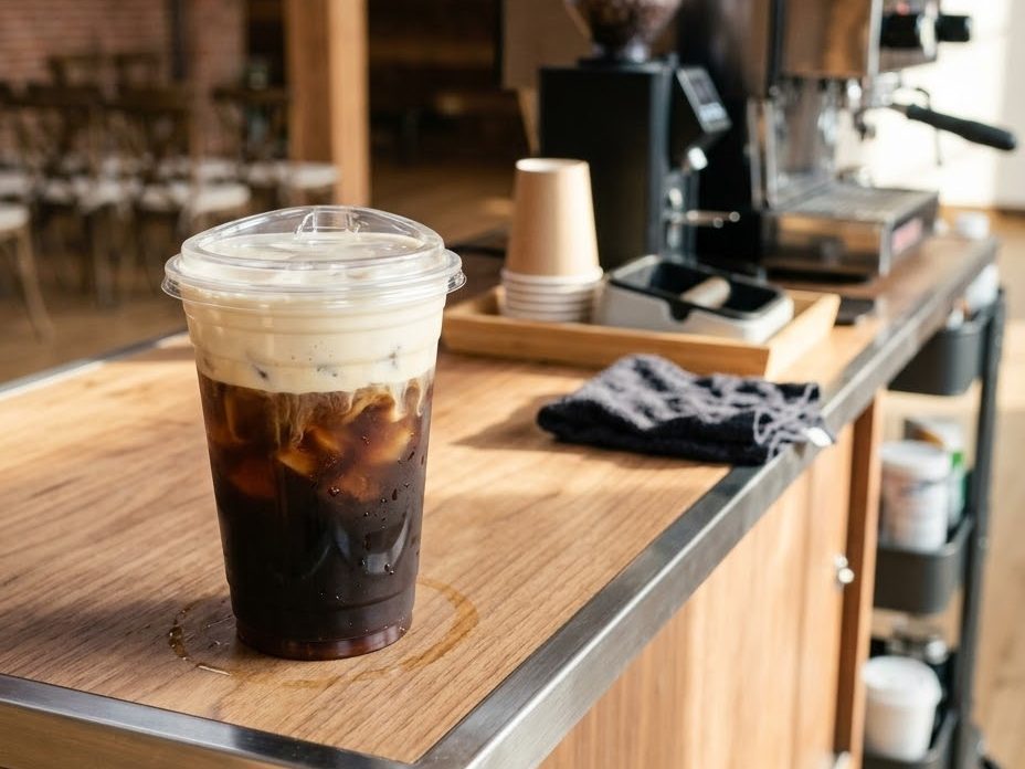 Café infusé à froid servi sur glace sous une mousse froide maison, image temporaire